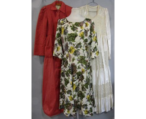Mixed collection of vintage clothing including a floral silk dress with fitted bodice and full skirt size 40, a full length l