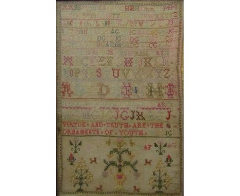19th century needlework sampler indistinctly named Helen Tree? indistinctly dated 1809? with religious text, flower vases etc