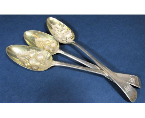 Pair of George III silver old English berry embossed table spoons, maker R C, London 1792; together with a further similar ex