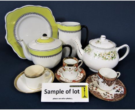 A collection of Foley china tea wares with yellow and black border decoration including teapot, milk jug, cake plate, six cup