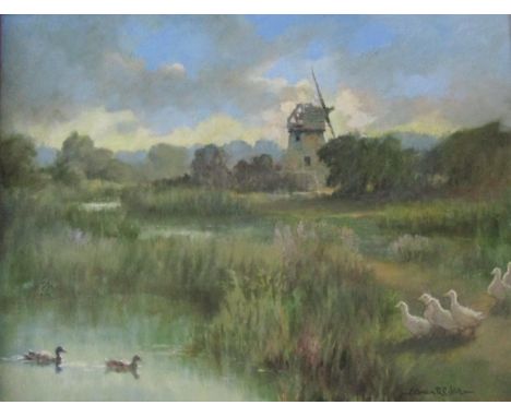 Norman R Coker, (British B. 1927) - Marshland landscape with ducks and windmill, oil on board, signed, 34.5 x 45 cm approxima