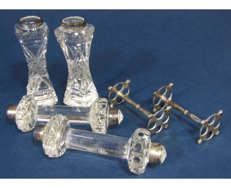 Pair of Edwardian silver knife rests with quatrefoil pierced ends, 2 oz approx; together with two further pairs of cut glass 