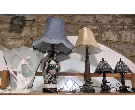 A Mixed collection of lighting to include a Chinese famille noir baluster vase lamp, a further art deco style figural lamp of