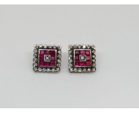 Pair of 18ct white gold ruby and diamond cluster earrings of square form, 1.2cm, 4.7g 