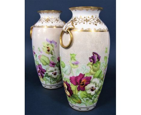 A pair of good quality 19th century vases with painted pansy and sweet pea decoration against a gilt spotted white ground, wi