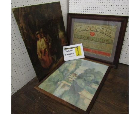 A collection of 19th century and later pictures and prints including oil painting on board of a stag in the manner of Landsee