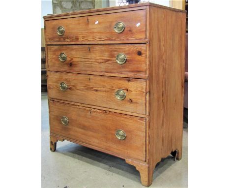 A 19th century pitch pine caddy top bedroom chest of four long graduated drawers, raised on bracket feet, 94cm wide x 50cm de