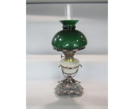 A good quality late 19th century silver plated figural oil lamp, the base cast with swans, with glass reservoir and shade, 54