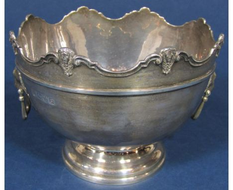 Edwardian silver rose bowl of small proportions with typical wavy rim and twin lion head handles, maker R J A &amp; co Ltd, C