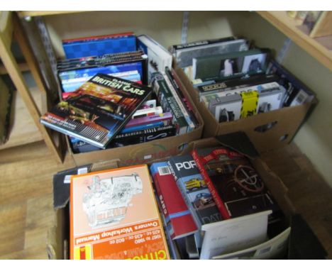 Three boxes containing predominantly non-fiction automobile books (around 70) 