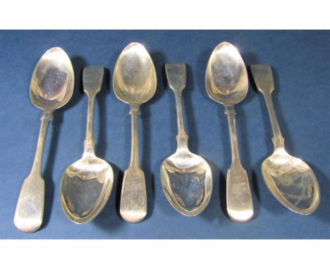 Set of six late William IV silver fiddle pattern dessert spoons, maker R W, London 1837, 8.5 oz approx 