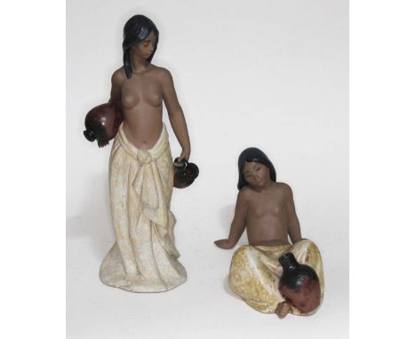 A Lladro stoneware porcelain figure of Water Girl bearing 2 pitchers, height 36 cm, and a seated figure of a similar water gi