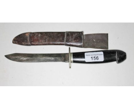 An antique hunting knife, marks on the base of the blade "Underwood London", with ebonised handle, in leather sheet.Condition