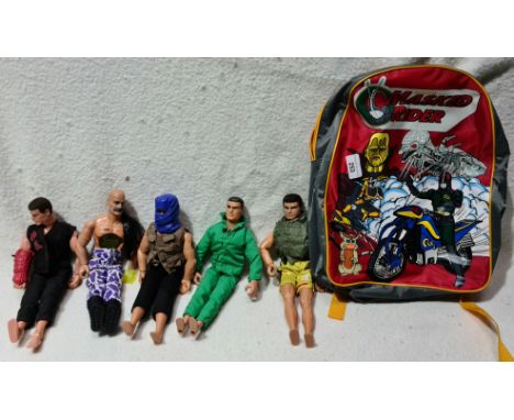 A 1990's Saban's Masked Rider rucksack together with 5 Action Man figures.  