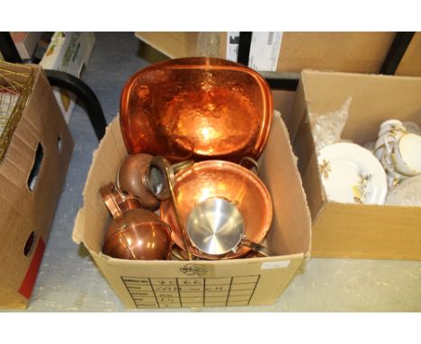 Box of copper items and brass ladle
