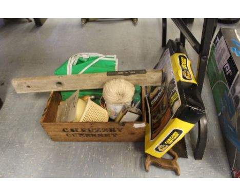 Box of workshop tools and saw, car cleaning kit and toolbox