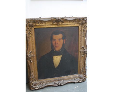 European School, 19th Century, Portrait of a young man with a black tie, unsigned, framed with a large ornate gilt frame, 60 