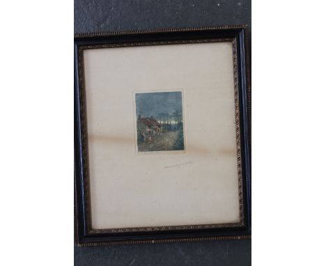 Claude Rowbotham 'At the Forge, Ipsden, Oxon' hand coloured etching, signed lower right, framed, mounted and glazed, 8 x 6cm