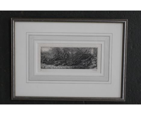 Nick Ward 'Woodpile, Whitwell Hall', original etching, artists proof, signed lower right, framed mounted and glazed, 17 x 7cm