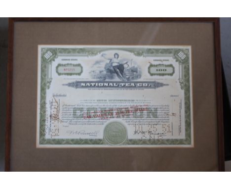 A National Tea Company 100 share certificate, value of £5 per share, framed, mounted and glazed, 30 x 20cm
