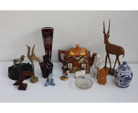 A quantity of ceramics to include a large wooden display case with a collection of thimbles and small collectables, a Price K