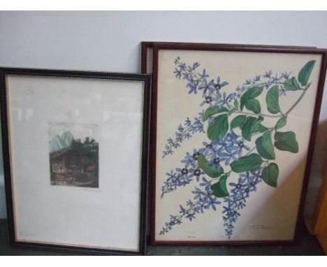 A quantity of framed pictures to include a hand coloured etching of a chalet with roosters in the foreground, dated 1920 and 