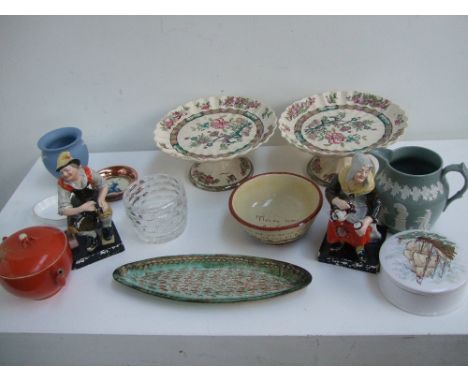 A quantity of ceramic to include Wedgwood jasperware, two E.M and Co. 'Indian Tree' cake plates, an oriental orange glaze tea