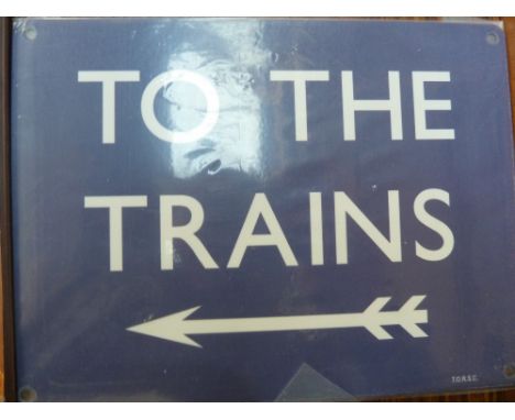 A To The Trains (arrow left) blue sign, 20cmW x 15cmH