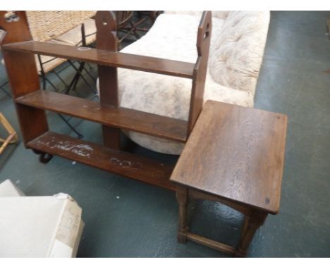 A 20th century oak hanging shelf, carved floral motif side panels, three shelves, with a rectangular stool/side table, on tur