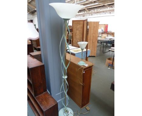 A 20th century standard lamp, brass stem with twist surround, on turned base, with a table lamp ensuite