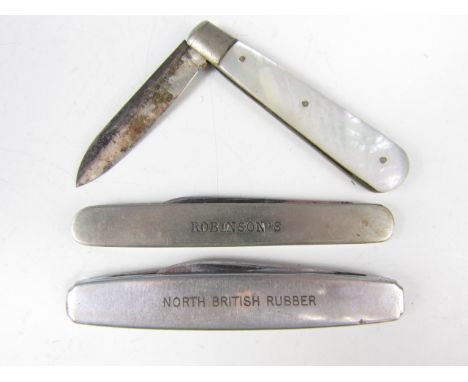 A silver and mother of pearl fruit quill knife together with two vintage advertising pocket knives including Robinson's Sulpo
