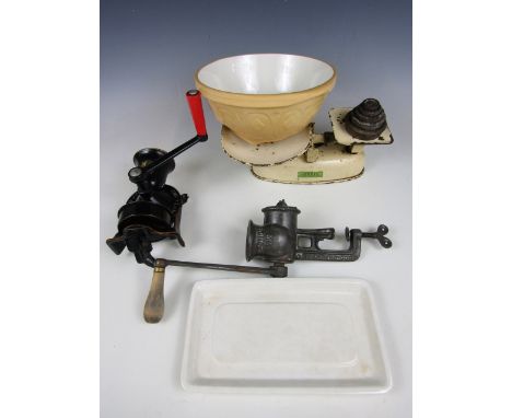 A set of vintage Harper kitchen scales with weights together with a coffee grinder, a mincer, a mixing bowl and butter coolin