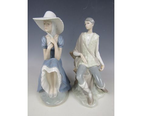 A large Nao figurine depicting a sitting girl with bonnet together with a large Lladro figurine (a/f)