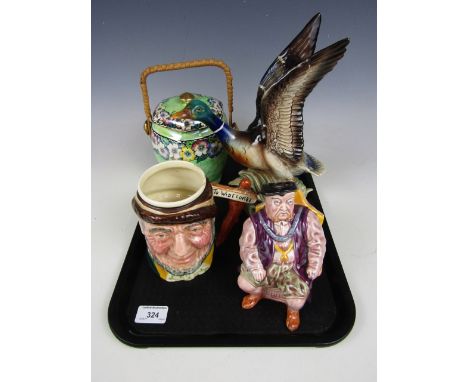 A Jema mallard figurine (base a/f) together with a Melba ware Henry VIII jug, an uncle Tom Cobleigh character mug and a Malin