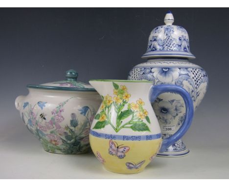 A Tate pottery tureen together with a Royal Worcester herb garden jug and a large lidded jar