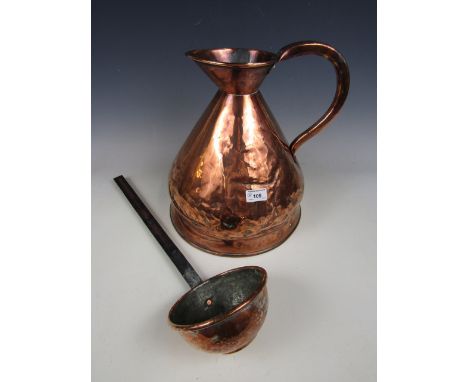 A 19th century copper two gallon measuring jug together with a large ladle