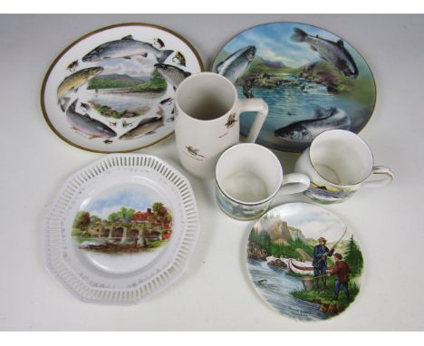 Two Coalport fish decorated plates together with Poole and Wedgwood fishing theme items