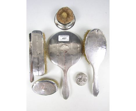 A silver mounted and engine turned dressing table set together with a silver mounted pin cushion (a/f) etc