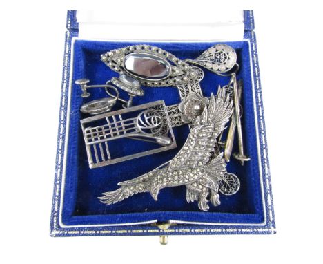 Vintage white metal costume jewellery, including marcasite and malachite brooch and earrings etc.