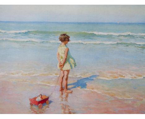After Charles Garabed Atamain (1872-1947) The Receding Tide, vintage print of a little girl standing on a beach, with Hudson 