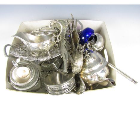 A quantity of electroplate including a Walker and Hall teapot, gravy boats, sugar castor, strawberry sets, a pair of pheasant