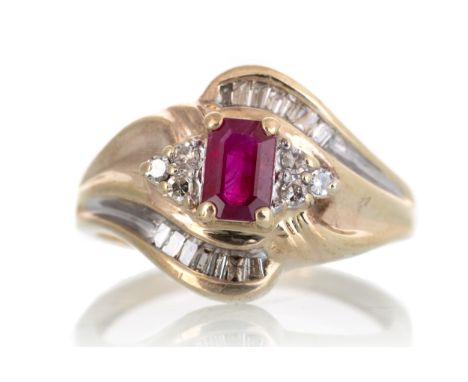 set with a central step cut ruby flanked by round brilliant and tapered baguette cut diamonds, unmarked, size P 1/2 3.4g&nbsp