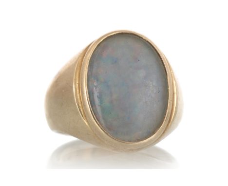 marked 14K, size K 9.6g,&nbsp;Heavily worn.&nbsp;Opal triplet is heavily abraded and rough.