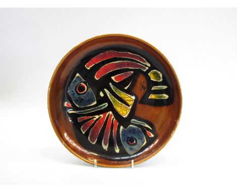 A Dubrovnik vintage enamel dish with stylised fish design, October 1987 label verso