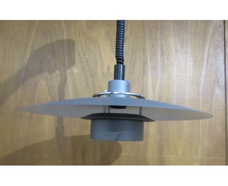 A Danish rise and fall ceiling light in gun metal grey colour and white, 'Danalight' label 