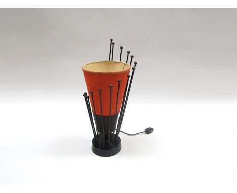 1950's continental black metal abstract form lamp with orange shade. 