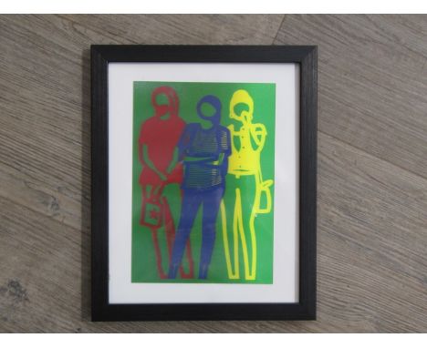 A Julian Opie (b.1958) lenticular moving image art print of three figures, framed, 20.5cm x 14.5cm 
