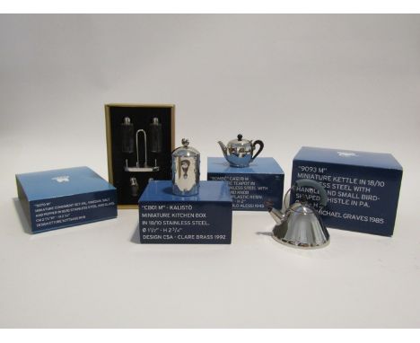 A group of Alessi boxed minatures - 9093 Kettle, CAIZ/8 teapot, 5070 condiment and CBO1 kitchen Box (4)