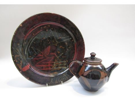 A large vintage studio pottery charger and tenmuko glazed teapot and lid. Charger 34cm diameter