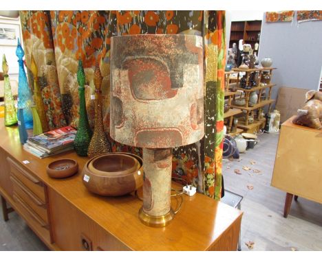 An aluminium and fabric covered cylindrical table lamp base with matching shade, 64cm high overall